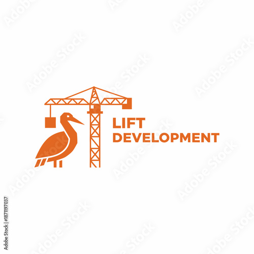 Orange logo featuring a crane and a stork bird for a construction development company.