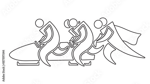 Four people rowing a boat in a linear style on transparent background silhouette