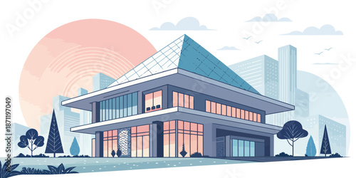 Contemporary luxury home with panoramic windows overlooking urban cityscape at golden sunset