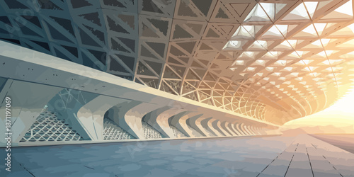 Futuristic curved architecture with geometric patterns and golden sunset glow