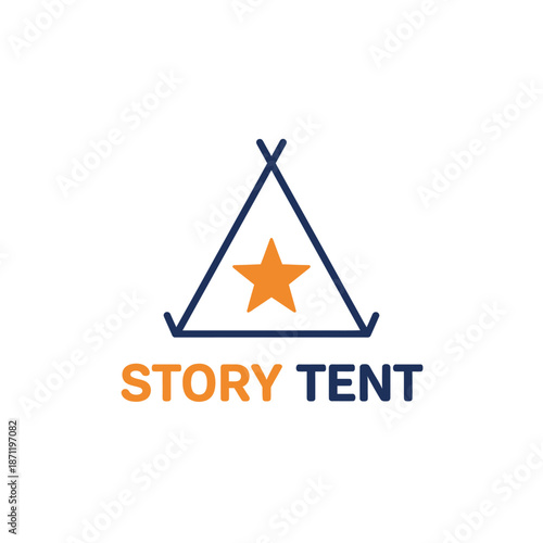A simple teepee tent logo with an orange star and the text Story Tent underneath