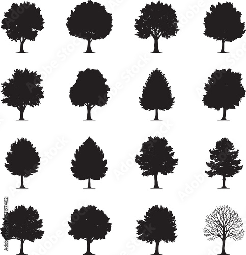 Realistic tree canopy silhouettes with various leaf densities and one leafless winter tree