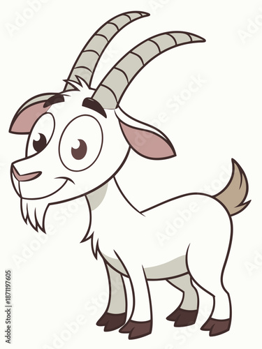 A friendly cartoon goat with curved horns, expressive eyes, and a small beard perfect for kids' materials.