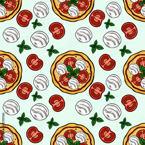 Fresh Margherita pizza, tomato slices, mozzarella balls, and basil leaves vector pattern