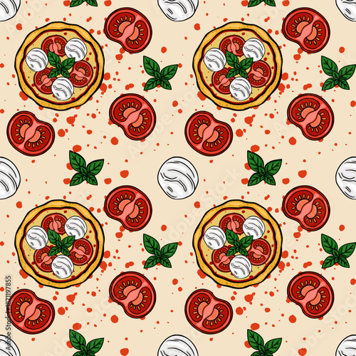Seamless vector pattern of whole margherita pizzas, sliced tomatoes and basil leaves on a speckled background.