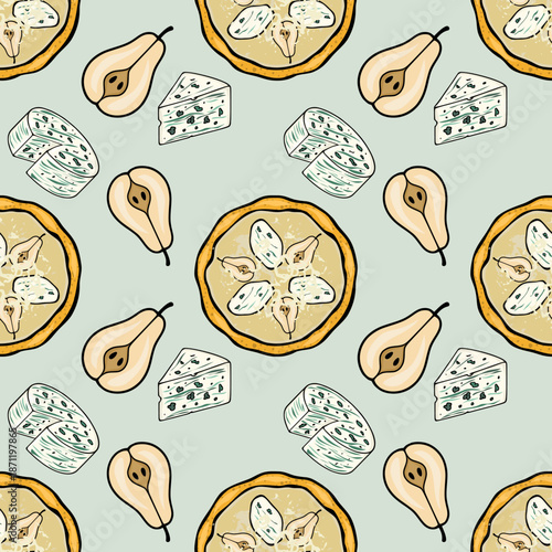 Seamless culinary pattern with pear and gorgonzola pizza accompanied by fruit halves and cheese crumbles on white.