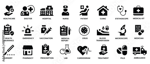 Medical icon set. Containing doctor, medicine, hospital, treatment, healthcare, nurse, pills, clinic and more. Solid vector icons collection. 