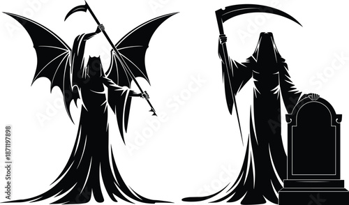 Grim reaper silhouette illustration, angel of death with scythe, dark fantasy gothic character, black white vector artwork horror symbolism design