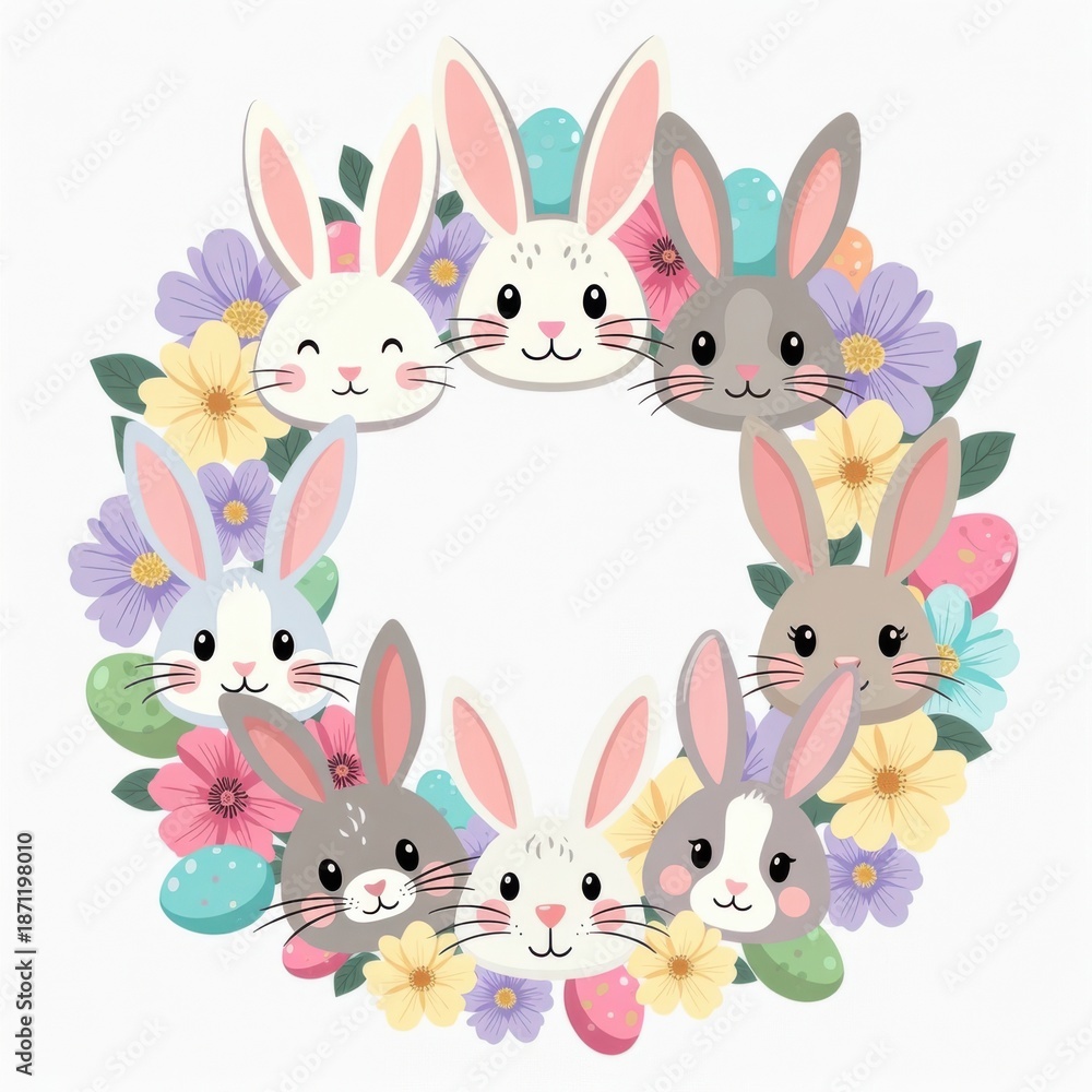 Fototapeta premium Cute pastel bunnies forming round wreath with easter eggs and spring flowers around empty center on white background, soft watercolor illustration and gentle lighting. Friendly easter greeting concept