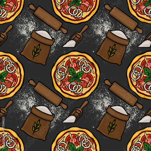 Delicious pizza making vector seamless pattern with ingredients and rolling pin