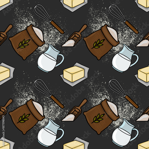 Seamless vector pattern of baking ingredients, including flour, butter, milk, and whisk, scattered on a dark textured background.