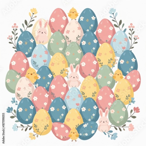 Colorful pastel easter eggs stacked in oval shape with cute yellow chicks and spring flowers on white background in soft watercolor style and gentle lighting. Friendly festive easter atmosphere