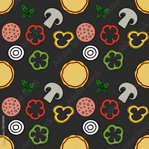 Seamless vector pattern of fresh pizza ingredients on a dark background