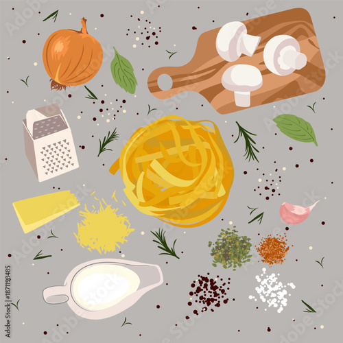  Italian cuisine. Ingredients for pasta with mushrooms in creamy sauce