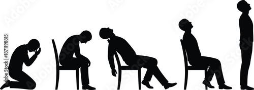 Emotional posture icon set, silhouette progression, kneeling to standing, recovery gesture, black vector graphics, resilience theme