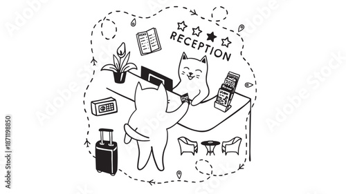 Cute cat working at a reception desk doodle style on transparent background silhouette