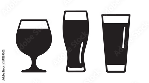 Three black glass silhouettes of different beer styles on transparent background