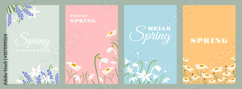 Set of 4 spring banners in soft pastel tones with wildflowers. Gentle floral vector backgrounds for web, social media, posters, seasonal design, branding, invitations and creative projects.