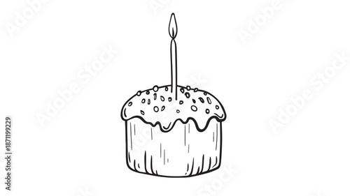 A hand drawn paschal cake with a lit candle on transparent background silhouette
