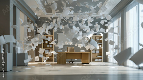 Papers flying around an office during a strong wind event in a modern workspace
