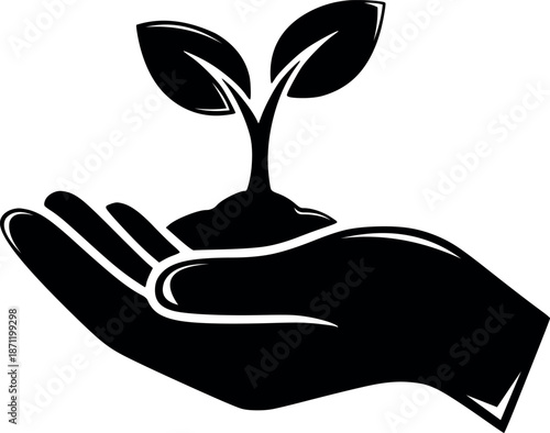 vector illustration of a hand protecting a sprout growing in the soil, concept of mentoring, ecology and development, silhouette design with black fill and negative spaces without white color