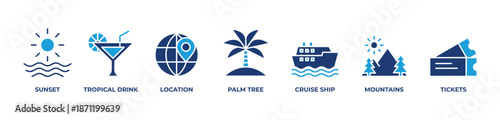 Tropical Escape Icons set vector illustration blue with Sunset, Tropical drink, Location, Palm tree, Cruise ship, Mountains, Tickets