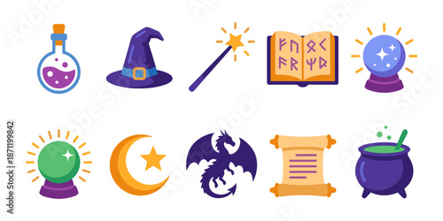 Fantasy and magic icons set representing wizardry