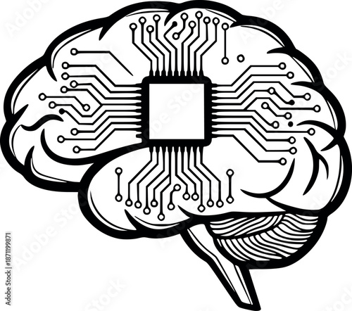 vector illustration of a human brain integrated with a microchip and electronic connections, digital neurology and neural networks concept, design with solid black fill and no white color