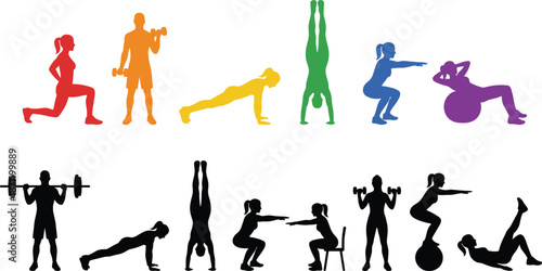 Fitness icon set, workout silhouettes, colorful and black poses, exercise variety, strength training, vector graphics, health theme