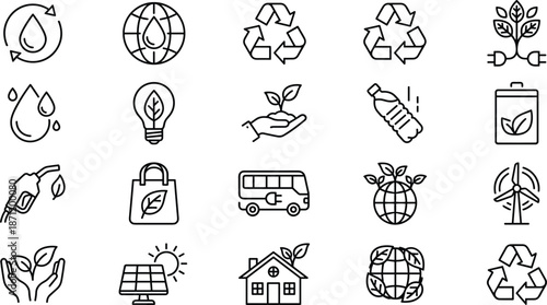 Eco sustainability and recycling line art icon set featuring renewable energy, green lifestyle symbols, environmental conservation elements, cad drawing flat vector illustration