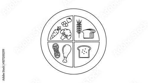 Vector of a balanced meal plate divided into vegetables, protein and grains, nutrition guide concept, minimal outline illustration, isolated