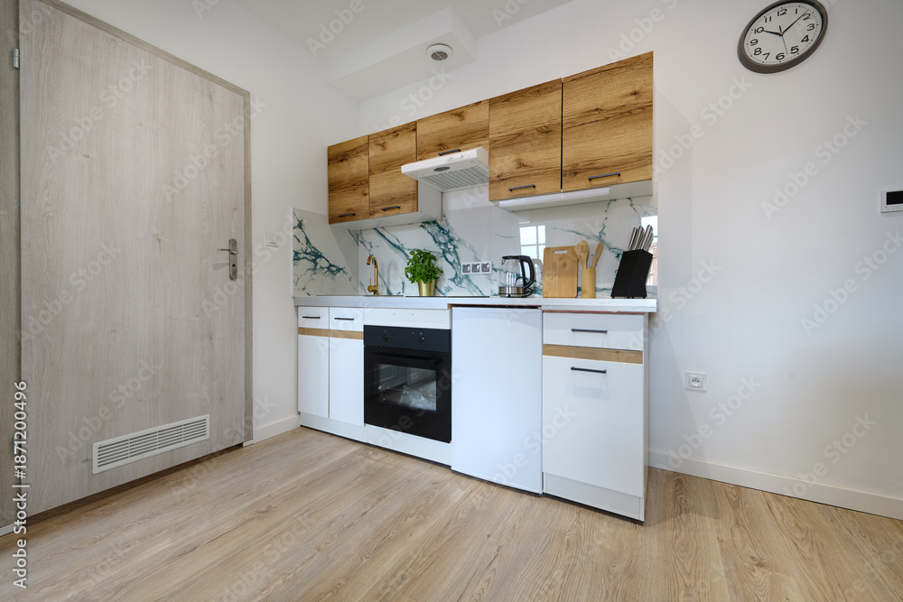 custom made wallpaper toronto digitalKuchnia w apartamencie w jasnych kolorach , biel, brÄ…zowe fronty szafek