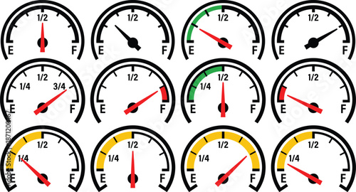 Fuel gauge icon set, tank levels, empty to full indicators, dashboard graphics, black vector meters, automotive diagnostic theme
