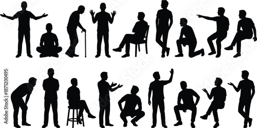 Human posture icon set, silhouette gestures, seated and standing poses, black vector graphics, body language theme, lifestyle illustration