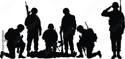 Military tribute icon set, soldier silhouettes, battlefield cross, kneeling salute, black vector graphics, remembrance theme, honor and respect
