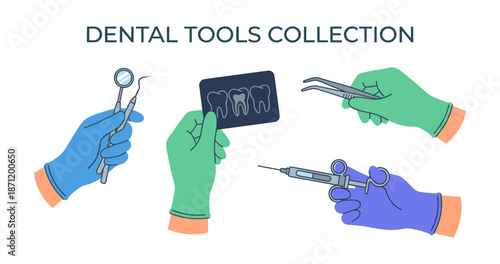 Dentist hands holding various dental tools and x ray