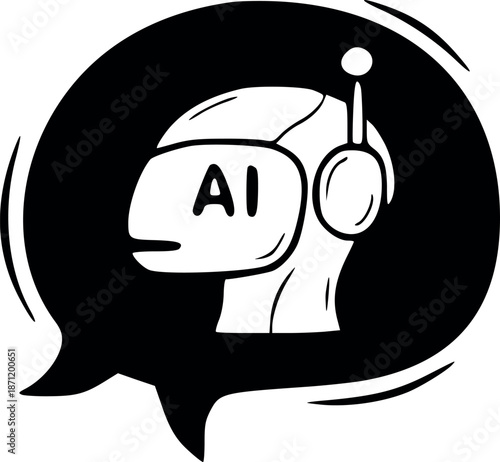 vector illustration of a robot head with ai acronym inside a chat bubble, chatbot and virtual assistance concept, design with solid black fill and negative spaces without white color