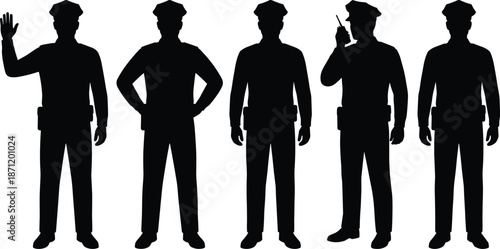 Police officer icon set, silhouette poses, uniformed figures, black vector graphics, law enforcement theme, public safety illustration