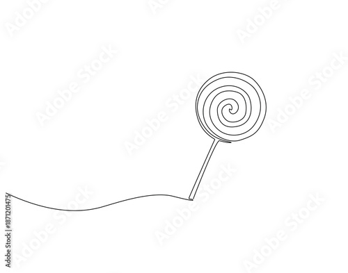 Continuous one line drawing of lollipop. One line drawing illustration of spiral candy. Sweet food concept single line. Editable outline