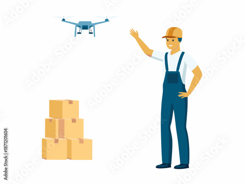 Delivery worker controlling drone for package delivery