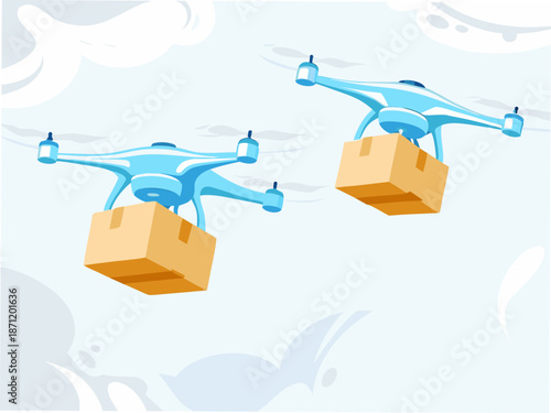 Drones flying with cardboard boxes in light blue sky
