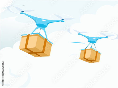 Drones flying with packages in the sky delivering goods quickly