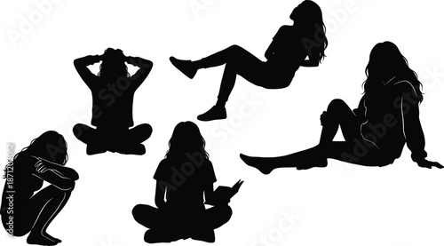 Relaxed posture icon set, seated silhouette gestures, casual poses, black vector graphics, body language theme, lifestyle illustration