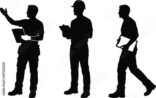 Fieldwork icon set, clipboard silhouettes, hard hat, wrench, inspection poses, black vector graphics, technical profession theme