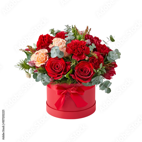 Photos Red Hat Box Arrangement of Red and Peach Flowers flower arrangement isolated on