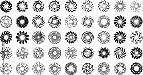 Black and White Circular Logo Collection, Minimalist Spiral and Rotational Design Set, Abstract Geometric Vector Icons, Modern Corporate Branding Identity Elements