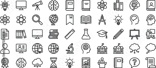 Education science icon set, learning research symbols, academic knowledge tools, school study elements, outline style, cad drawing flat vector illustration