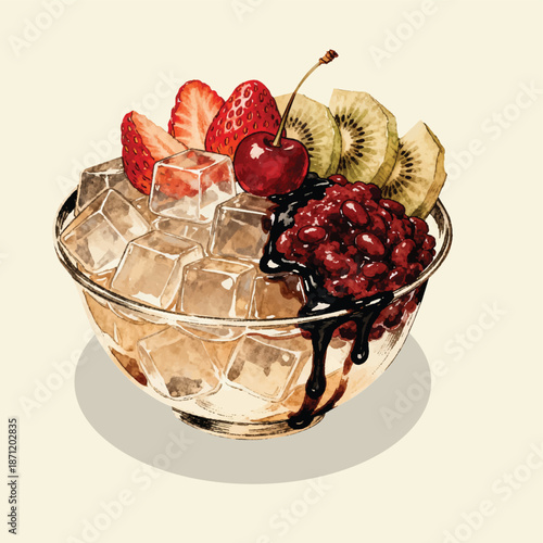 Anmitsu Japanese Dessert with Fruits and Agar Jelly, Hand Drawn Illustration