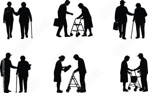 Elderly assistance silhouette set, caregiver helping senior with walker or cane, support, compassion, healthcare, mobility aid, community service concept illustration