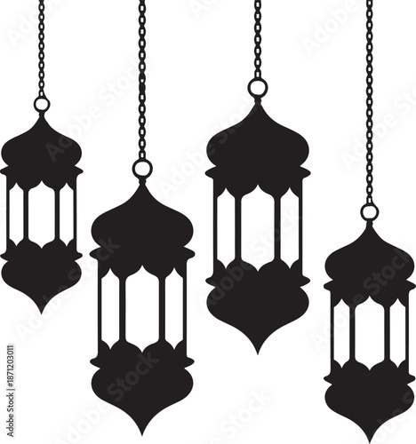 Four elegant black lanterns hanging from delicate chains a decorative still life